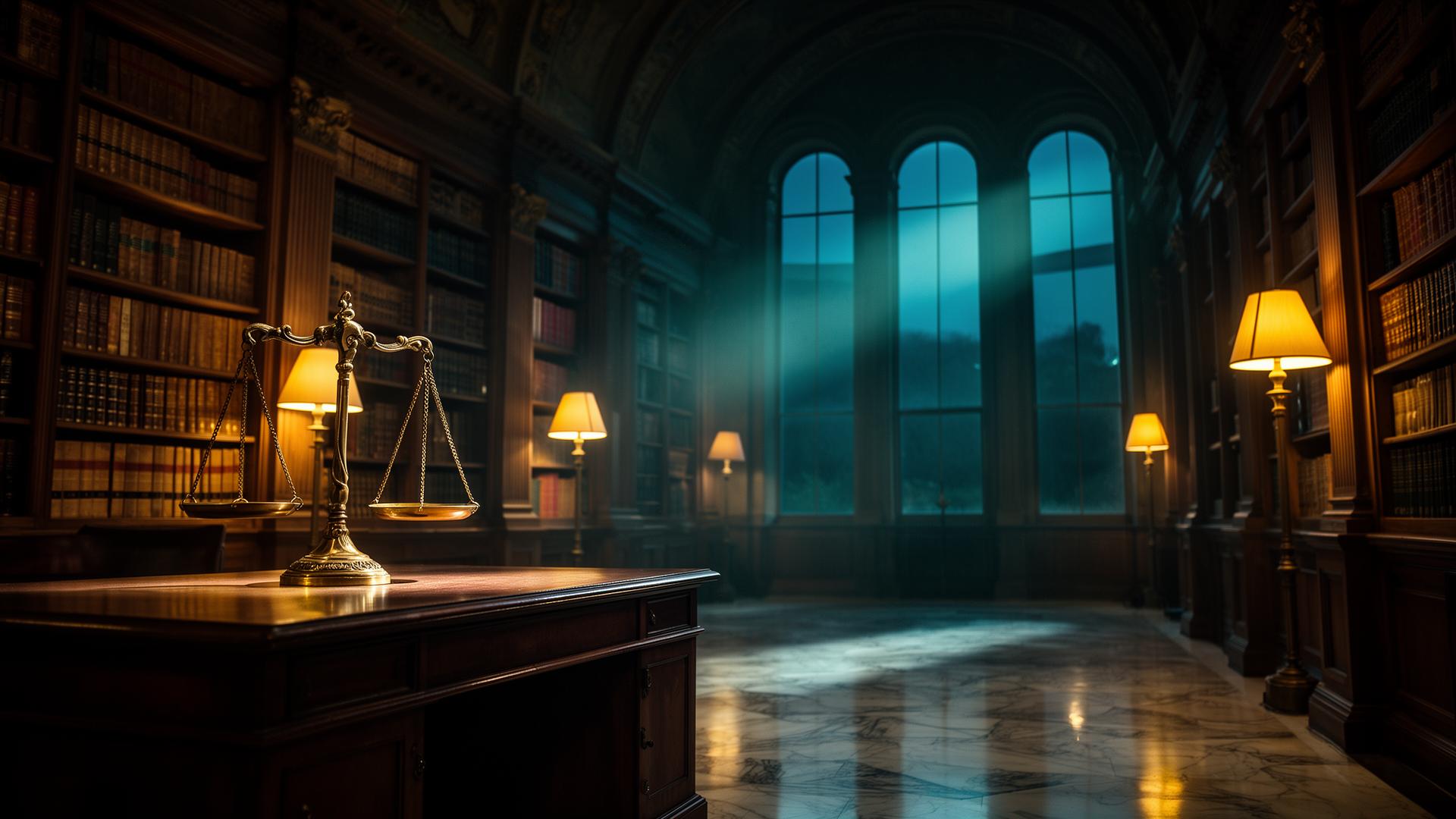 Grand classical courthouse interior with brass scales of justice